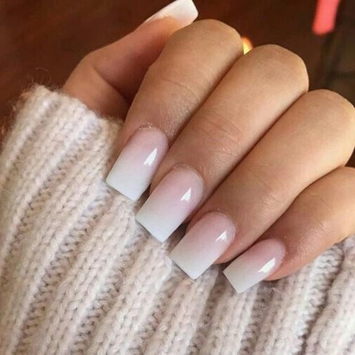 KQueenest Ombre Pink Press on Nails Short Medium Square Glue on Nails White and Pink, French Fake Nails Short Coffin, Winter Acrylic Nails Press on, Gradient Gel Nails For Women False Nails 24 Pcs
