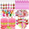 BOIKOKY 110 PCS Strawberry Party Favors Set - Berry Birthday Supplies for Kids Girls Includes Drinking Straws, Keychains, Silicone Bracelets, Sticker Strawberry Pinata Filler Goodie Bag Fillers
