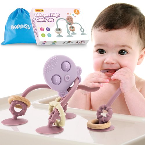 Happi2U Baby Teething Toys, High Chair Toy with Suction Cup for Infant Toddlers 6 12 18 24 Month, Food Grade Silicone Teether with Oak Loop, Montessori Sensory Educational Baby Bath Toy Gifts (Rose)