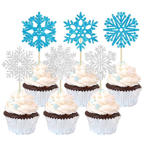 36Pcs Snowflake Cupcake Toppers Glitter Winter Frozen Theme Snowflake Cupcake Pick Decorations fo...