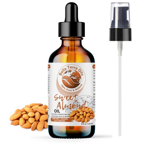 Bella Terra Oils - Organic Sweet Almond Oil 4oz - A Symphony of Vitamin E & Oleic Acid, Pure Cold-Pressed Essence, Luxe Touch for Skin