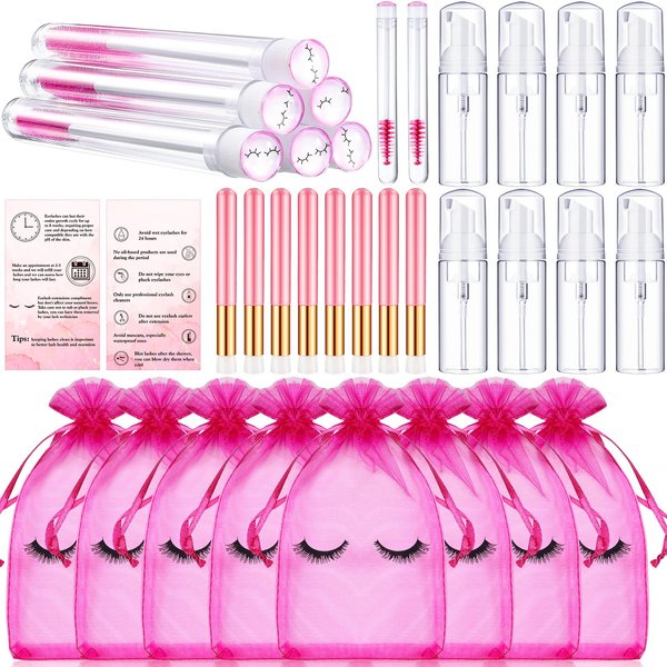 8 Pcs Lash Shampoo Brushes Set Eyelash Aftercare Bag Disposable Mascara Tubes Foam Pump Bottle Extension Aftercare Instructions Cards Eyelash Accessories for Women Mother's Gift(Mesh Bag, Organza)