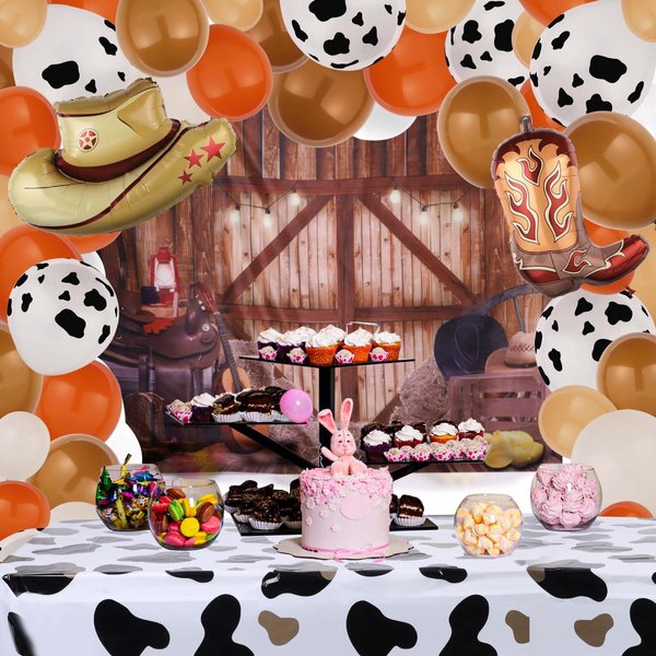 114 Pcs Cowboy Birthday Party Decorations Western Cowboy Party Supplies Includes 112 Pcs Cowboy Balloons, 1 Pcs Western Banner and Cowboy Tablecloth for Baby Shower Boys Birthday