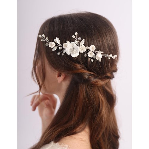 Teyglen Flower Bride Wedding Hair Comb Silver Crystal Pearl Hair Piece Leaf Flower Headpiece for Bride Hair Jewelry for Women (Silver)