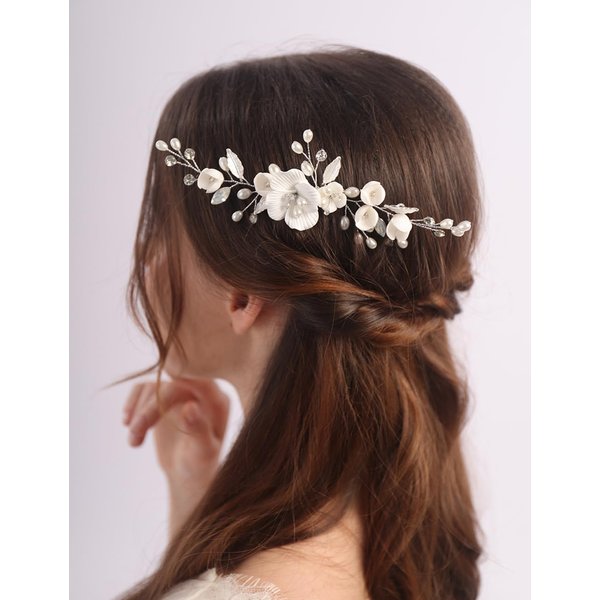 Teyglen Flower Bride Wedding Hair Comb Silver Crystal Pearl Hair Piece Leaf Flower Headpiece for Bride Hair Jewelry for Women (Silver)