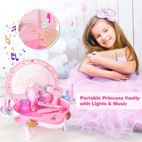 Toddler Vanity, Portable Kids Vanity Set with Mirror & Accessories, Little Girl Princess Vanity Toy with Lights and Music, Pretend Makeup for Toddlers 1-5