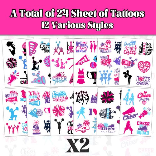 144 PCS Cheer Cheerleader Cheerleading Temporary Tattoos Stickers, Cheer Cheerleader Cheerleading Party Favors Supplies Birthday Party Decorations Sport Team Spirit Gifts for Kids, 24 Sheets