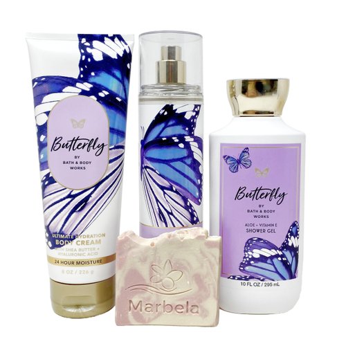 Bath & Body Works Butterfly - Trio Gift Set- Fine Fragrance Mist, Body Cream and Shower Gel With a Himalayan Salts Springs Sample Soap.