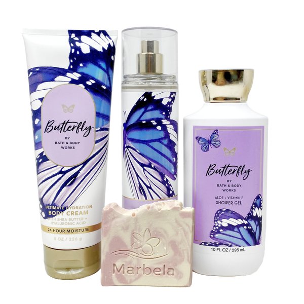 Bath & Body Works Butterfly - Trio Gift Set- Fine Fragrance Mist, Body Cream and Shower Gel With a Himalayan Salts Springs Sample Soap.