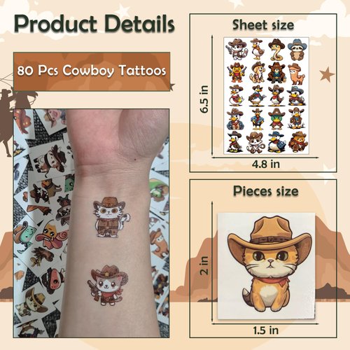 80 PCS Cowboy Temporary Tattoos for Party Supplies, Temporary Tattoo Stickers for Birthday Parties, Animal Tattoos Party Favor Activities, Waterproof Temporary Tattoos. (80 PCS Brown)