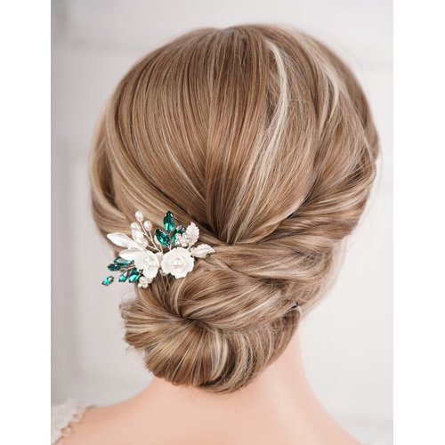 Missgrace Leaf & Flower Hair Comb, Wedding Crystal Rhinestones, Silver Green, for Brides Women