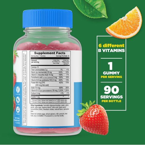 Lifeable Sugar Free B Complex with Vitamin C for Kids – Great Tasting Natural Flavor Gummy Supplement – with Niacin, Vitamin C, Pantothenic Acid, B6, Folate, Biotin, B12 – Energy Support – 90 Gummies