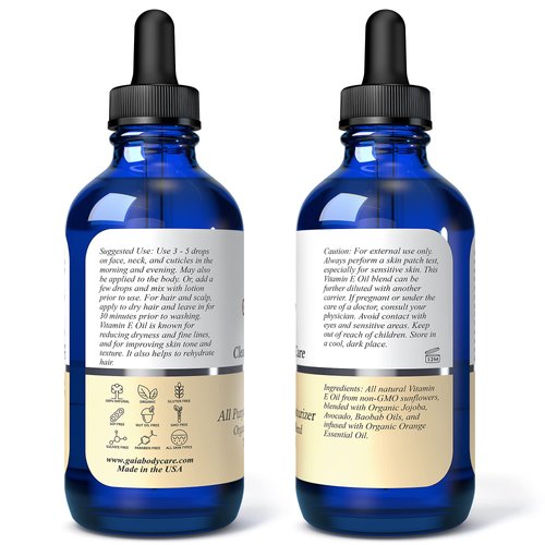 Gaia Body Care Organic Vitamin E Oil 75,000 IU Body Oil for Dry Skin - Vitamin E Oil for Scars, Hair, Bath Oil - 4 ounces