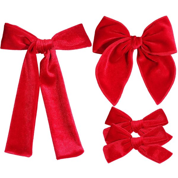 4 Pcs Velvet Hair Bows Set, Hand-made Velvet Bows Hair Clips for Little Teen Toddler Girls Kids (Red)