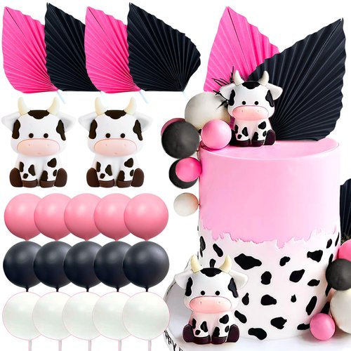 JeVenis 26 PCS Cow Cake Decoration Cowgirl Birthday Cake Topper Palm Leaves Balls Cake Topper Barnyard Farm Animal Birthday Party Decorations