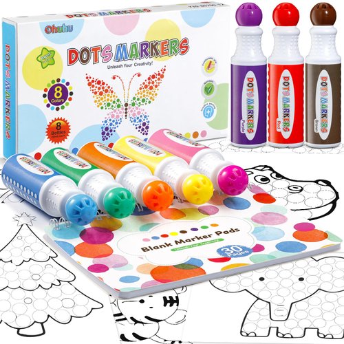 Ohuhu Washable Dot Markers for Toddler 8 Colors Bingo Daubers 40 ml (1.41 oz) with a Blank 30 Pages Kids Activity Book for Kids Children (3 Ages +) Preschool Non-Toxic Water-Based Dot Art Markers