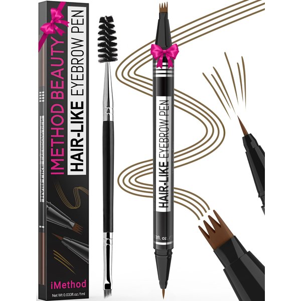 iMethod Eyebrow Pen - Eyebrow Pencil Magical 2-in-1 Eye Brow Pencils for Women with 4-Fork-Tip & Precise Brush-Tip Create Natural Hair-Like Brows, Last All-Day, Microblading Eyebrow Pen, Brown