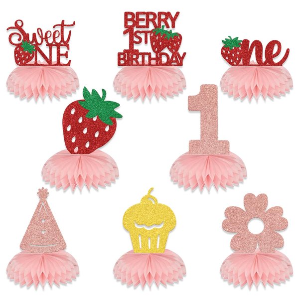 KEWUFD 8 PCS Berry 1st Birthday Honeycomb Centerpiece Baby Shower Decorations for Girls Strawberry 1st Birthday Centerpieces for Table Girls Party Supplies