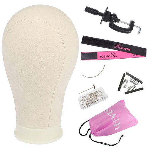 Leeven 21"-24" Poly Canvas Block Wig Head Hair practice Manikin Canvas Head for Making/Drying/Styling Wigs Mannequin head With Table Clamp Stand and T Pins 24 Inch