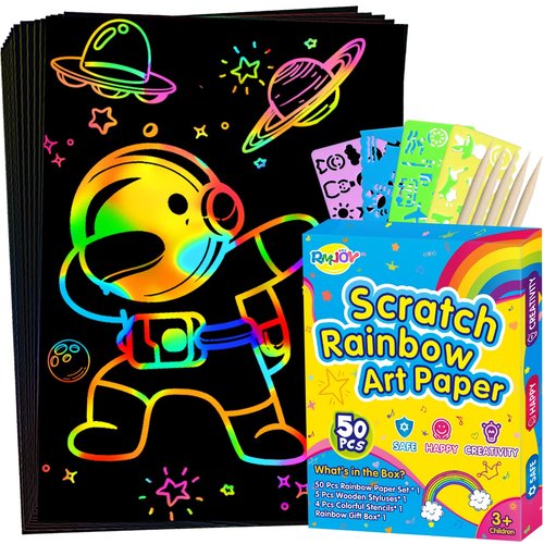 RMJOY Rainbow Scratch Art for Kids: Easter Basket Stuffers Gifts for Kids 60pcs Magic Art Craft Scratch Off Paper Supplies for Age 3-12 Boy Teen Toy Game for Valentines Birthday Gifts |Party Favor