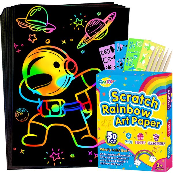 RMJOY Rainbow Scratch Art for Kids: Easter Basket Stuffers Gifts for Kids 60pcs Magic Art Craft Scratch Off Paper Supplies for Age 3-12 Boy Teen Toy Game for Valentines Birthday Gifts |Party Favor