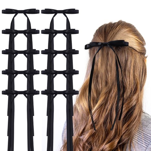 TOKUFAGU Hair Clips, 10PCS Long Tail Ribbon Hair Bow Clips Barrettes Tassel Ribbon Bowknot Ponytail Solid Satin Accessories for Women Girls (10 Long Black)