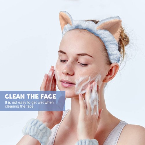 AEGYPIUS Face Wash Headband and Wristband Set, 3-Piece Set Blue Soft Coral Fleece Spa Headband for Washing Face, Headband and Wristband Set for Face Washing with Cat Ear Spa Headband and Wristband Set