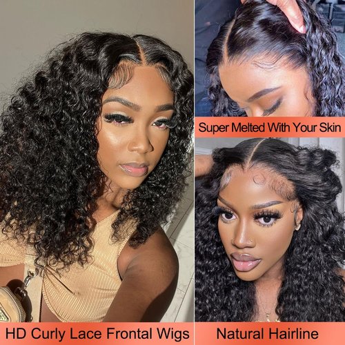 16Inch Curly Lace Front Wigs Human Hair 13x4 kinky Curly Hd Lace Frontal Wig for Women Curly Bob Human Hair Wigs Pre Plucked Deep Curly Transparent Lace Wigs 180 Density Glueless Curly Human Hair Wigs