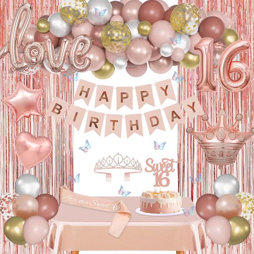 Sweet 16 Birthday Decorations for Girls, Rose Gold 16 Birthday Banner, Crown, Sash, Birthday Cake Topper for Happy 16th Birthday Party Supplies for Girls.