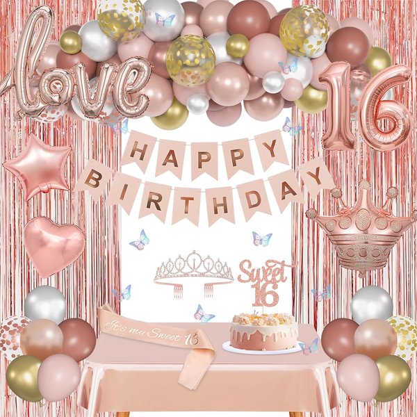 Sweet 16 Birthday Decorations for Girls, Rose Gold 16 Birthday Banner, Crown, Sash, Birthday Cake Topper for Happy 16th Birthday Party Supplies for Girls.