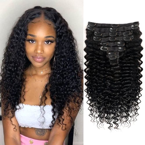 Pobokix Deep Wave Clip in Hair Extensions Real Human Hair Brazilian Virgin Human Hair Clip in Extensions for Women 8Pcs Remy Hair with 18Clips 120g 20inch Natural Black