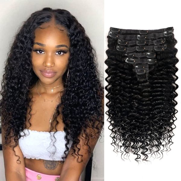 Pobokix Deep Wave Clip in Hair Extensions Real Human Hair Brazilian Virgin Human Hair Clip in Extensions for Women 8Pcs Remy Hair with 18Clips 120g 20inch Natural Black