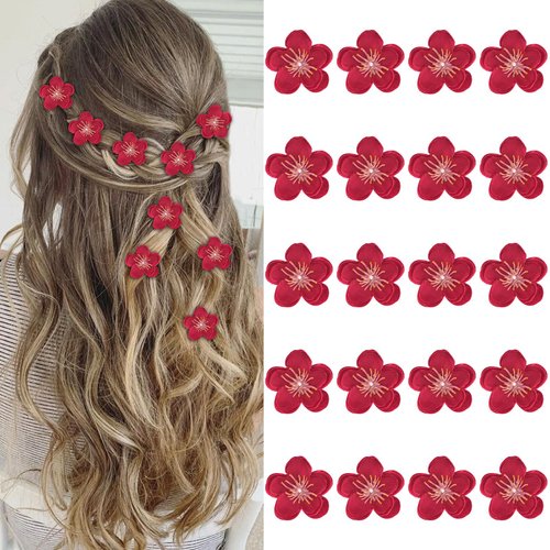 YISSION 20Pcs Small Red Flower Hair Clips for Girls Women Cute Flower Hair Pins Artificial Flower Clips for Hair Floral Hair Barrettes Wedding Bridal Hair Accessories for Girls Women