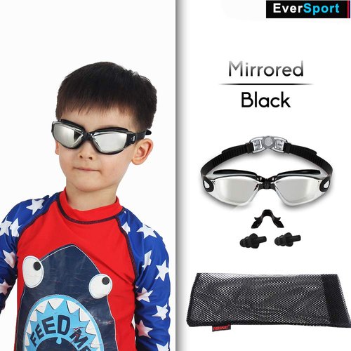 EverSport Kids Swim Goggles, Pack of 2 Swimming Goggles for Children Teens, Anti-Fog Anti-UV Youth Swim Glasses Leak Proof for Age4-16, Mirrored Blue & Black, Portable