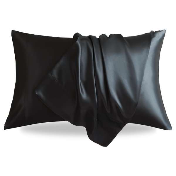 LIFCOM Satin Pillowcase for Hair and Skin,Standard Black 20x26 Inches Set of 2，Similar to Silk,Silky Feel Satin Pillow Covers 2 Pack with Envelope Closure(20"×26", Black)
