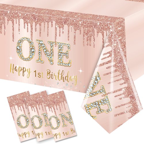 Excelloon 3 Pcs 1st Birthday Tablecloth Decorations for Baby, Pink Rose Gold First Birthday Theme...