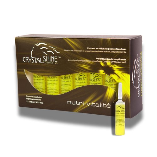 Crystal Shine Nutri-Vitalite Hair Oil Ampoules reduce split ends, nourish and hydrate hair, protect color, and provide instant smoothness. Suitable for all hair types. (12 Pack, 0.33 fl. oz each)