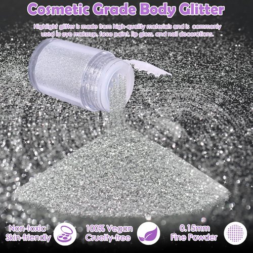 Yosca 5g Body Glitter, Cosmetic Sparkle Makeup Metalic Face Glitter, Loose Body Shimmer Powder for Glitter Eyeshadow Lip Face Paint Concert Christmas Festival Rave Accessorises - Silver