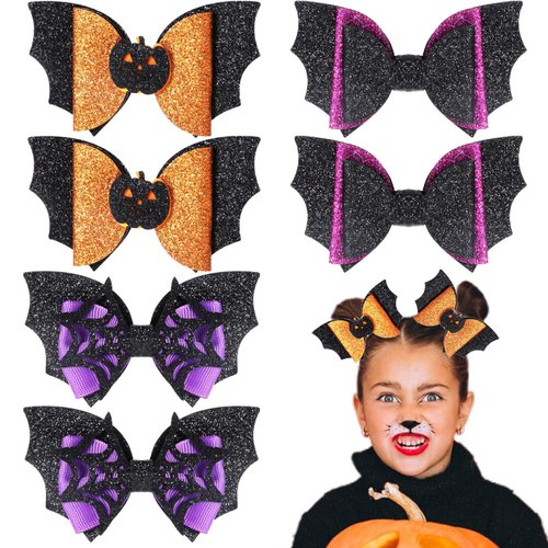 PEOVLVN 6 Pcs Halloween Hair Clips, Horror Bat Spider Hair Clip Halloween Hair Bows Glitter Hair Barrette Halloween Hair Accessories for Women Girls Cosplay Halloween Party Decorations