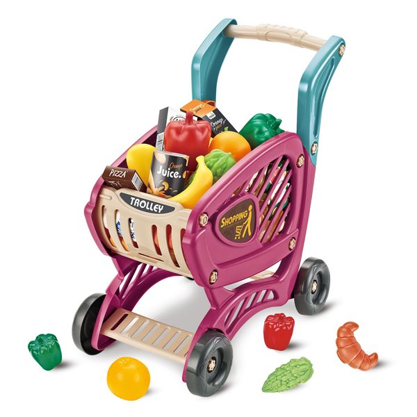 Kids Toddlers Shopping Cart, Toy Shopping Cart Trolley for Kids Baby with Play Foods, Grocery Shopping Cart Playing Pretend Games, Birthday