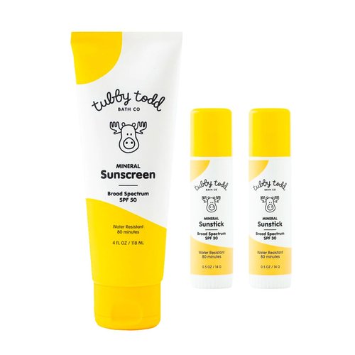 Tubby Todd Face and Body Mineral Sunscreen Kit for Baby, Toddler and Kids - Sunscreen 4 Fl Oz and Sunstick 0.5 Oz Duo Bundle - Fragrance-Free