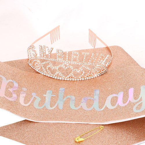 BAHABY It's My Birthday Sash & Rhinestone Birthday Tiara Set Birthday Sash and Crowns for Women Happy Birthday Decorationss- Rose Gold