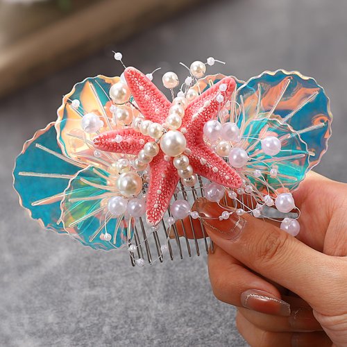 GENBREE Bride Wedding Starfish Hair Comb Pearl Shell Hair Piece Bridal Hair Accessories for Women and Girls (Pink)