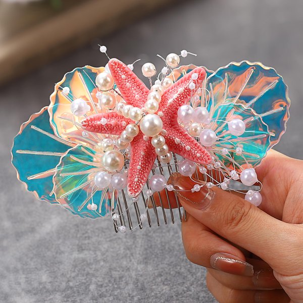 GENBREE Bride Wedding Starfish Hair Comb Pearl Shell Hair Piece Bridal Hair Accessories for Women and Girls (Pink)