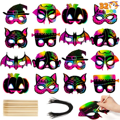 JOYIN 32 Pcs Halloween Rainbow Scratch Masks Crafts for Kids, Halloween Party Favors, Scratch Art Masks, Halloween Party Supplies, Scratch Off Paper Animal Masks Classroom Activities Gift Party Games