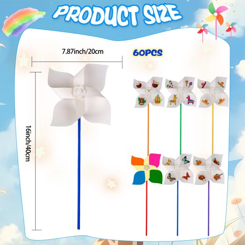 60 Pcs DIY Paper Pinwheels Bulk White Windmills Blank Paper Pinwheels for Kids DIY Painting Handwork Craft Activities Party Favors