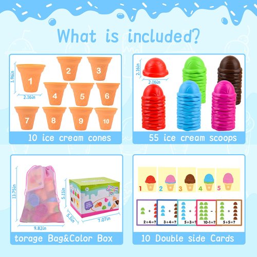 Sotodik Ice Cream Counting and Color Sorting Stacking Toys for Kids Boys Girls Age 3-5,Montessori Preschool Kindergarten Learning Activities Fine Motor Skill Toys, Number Math Games Learning Toy Gifts