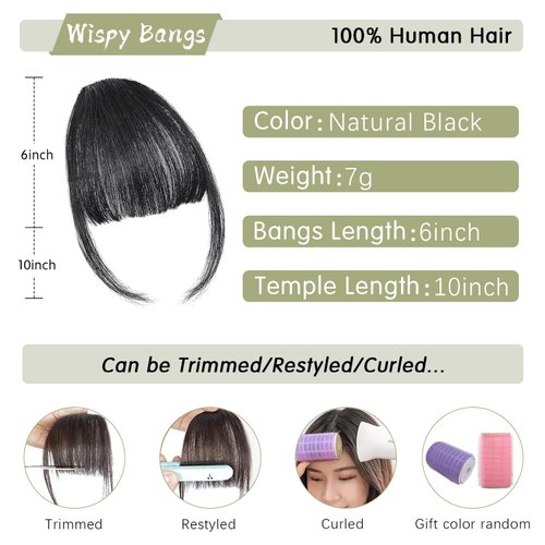 Gx Beauty Clip in Bangs 100% Human Hair Bangs Women Air Thinning Curtain Flat Fake Bangs Hair Clip Wispy Bangs Fringe with Temples Hairpieces for Daily Wear(Natural Black)