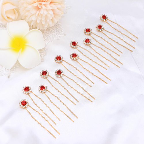 Ammei Crystal Bridal Hair Pins Clips Wedding Hair Accessories Hair Set Jewelry With Rhinestone For Brides and Bridesmaids Set Of 12 (Red)