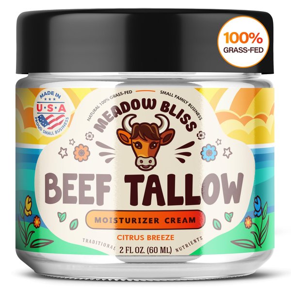 Meadow Bliss Beef Tallow for Skin - Moisturizer Cream - 100% Grass Fed - Whipped Beef Tallow - Organic Jojoba Oil - Organic Shea Butter - Supports Eczema, Rosacea+ - Made in USA - Citrus Breeze - 2 oz